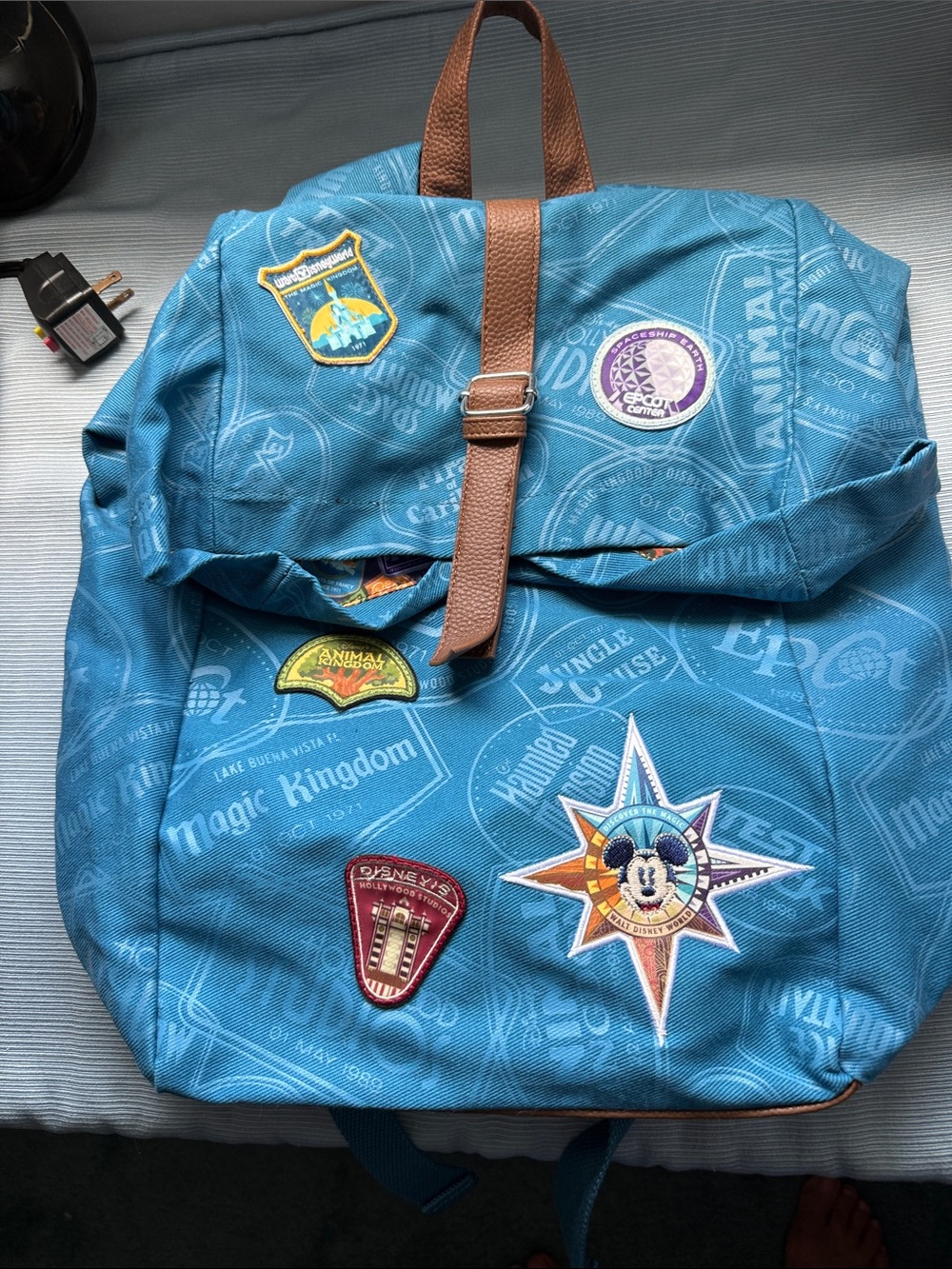 Blue Patch-Accent Casual Backpack with Brown Strap